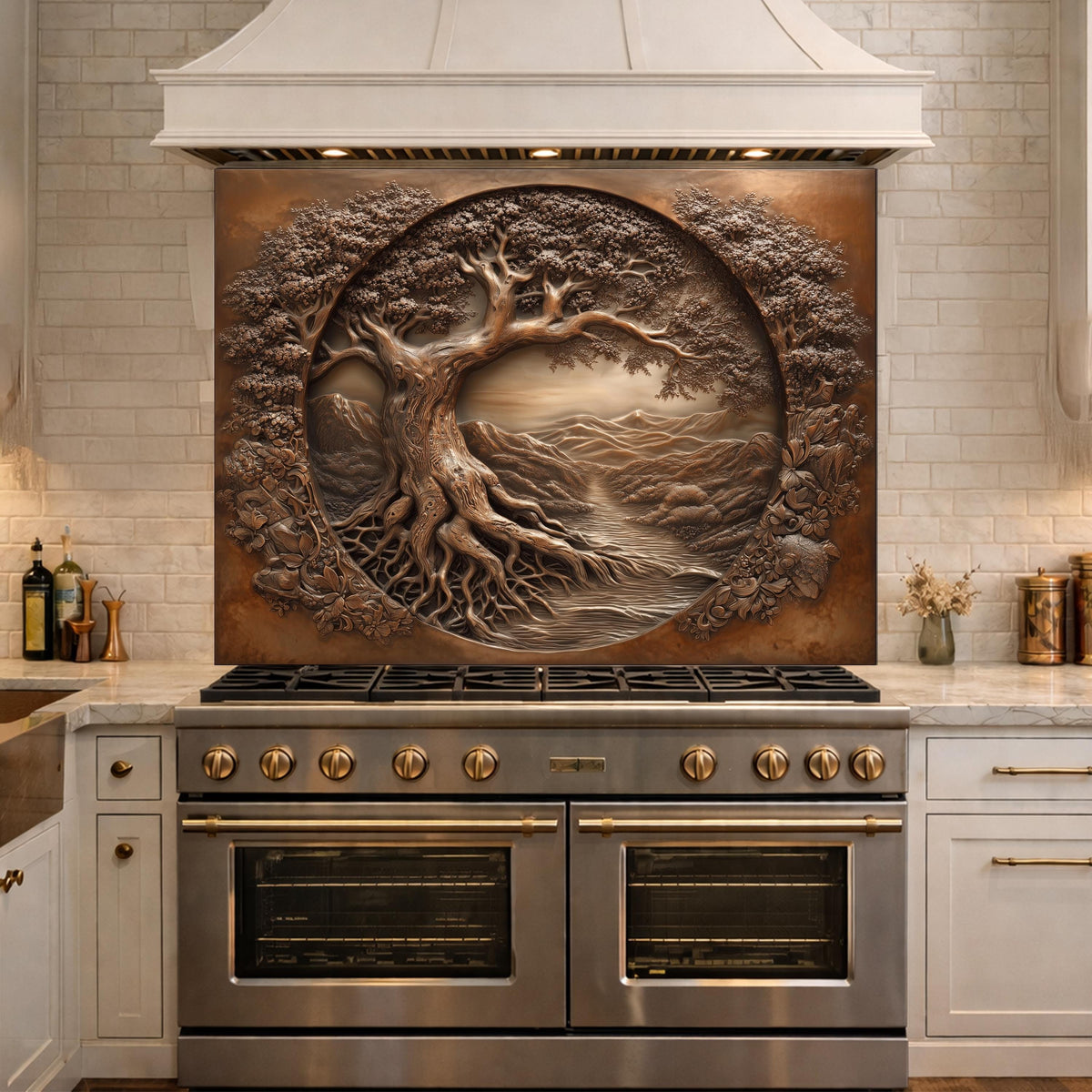 Copper Tree of Life Glass Backsplash, 3D Engraved Rustic Landscape Kitchen Panel