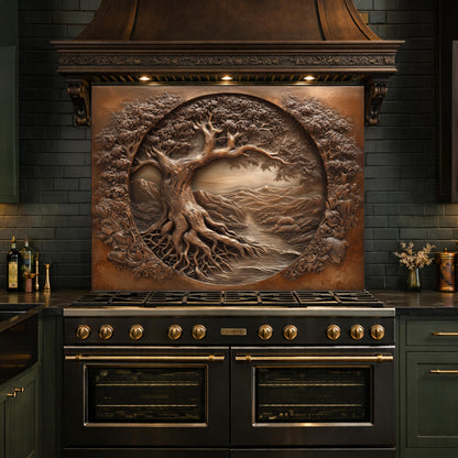 Copper Tree of Life Glass Backsplash, 3D Engraved Rustic Landscape Kitchen Panel