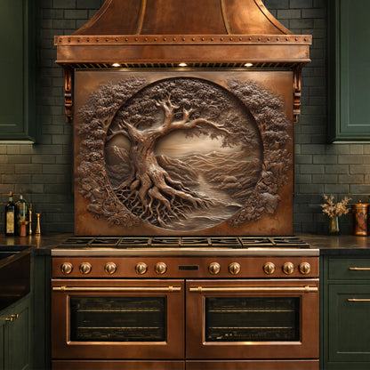 Copper Tree of Life Glass Backsplash, 3D Engraved Rustic Landscape Kitchen Panel