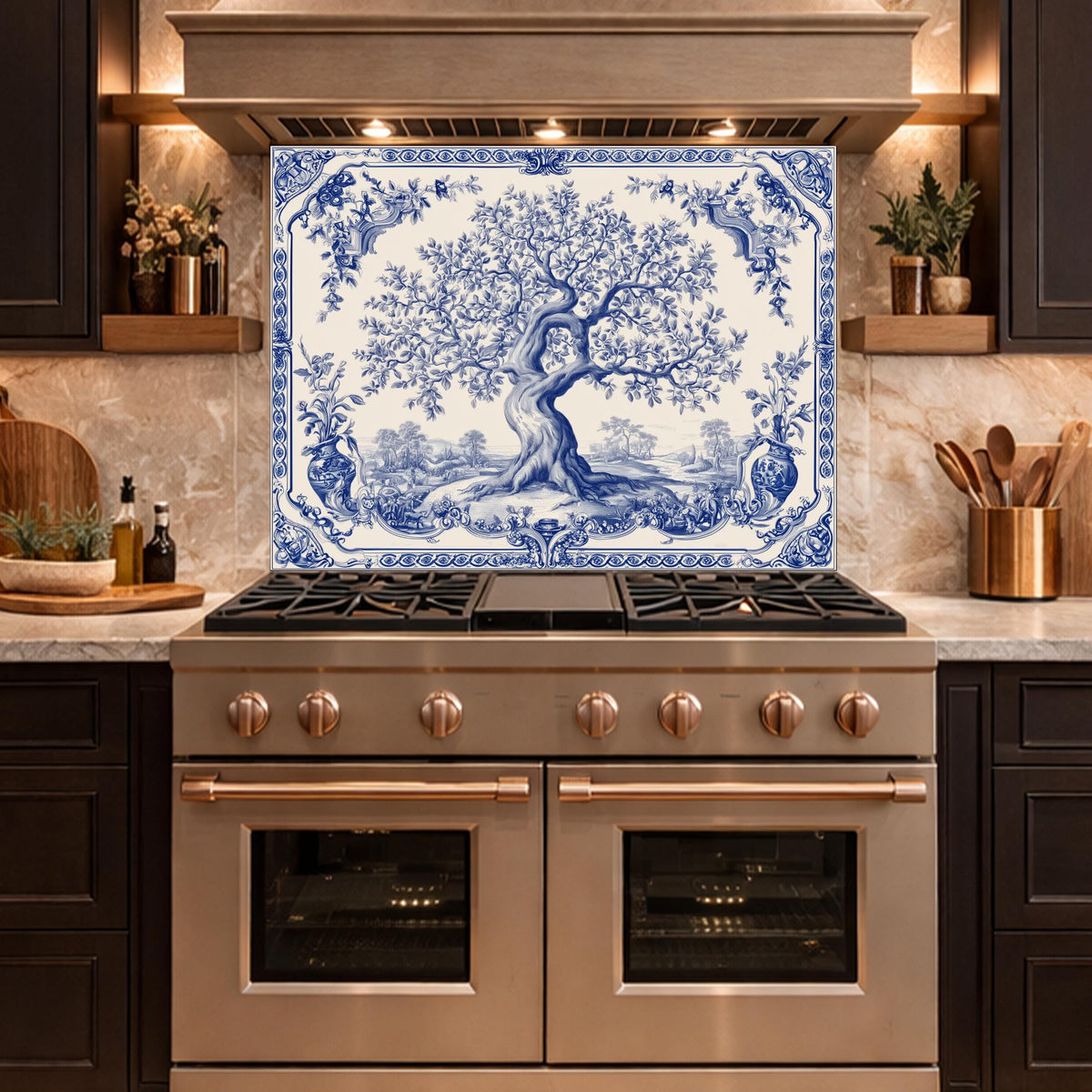 Blue White Olive Tree Glass Backsplash, Vintage Ceramic Tile Kitchen Panel