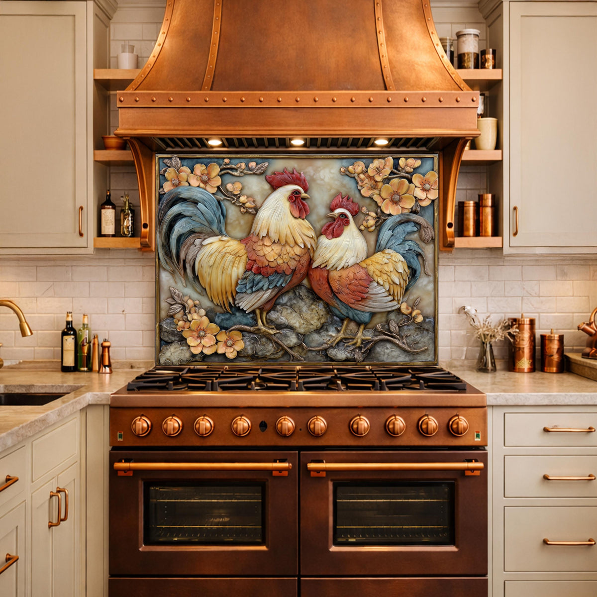 Colorful Rooster Glass Backsplash, Farmhouse Kitchen Decor UV Printed Panel