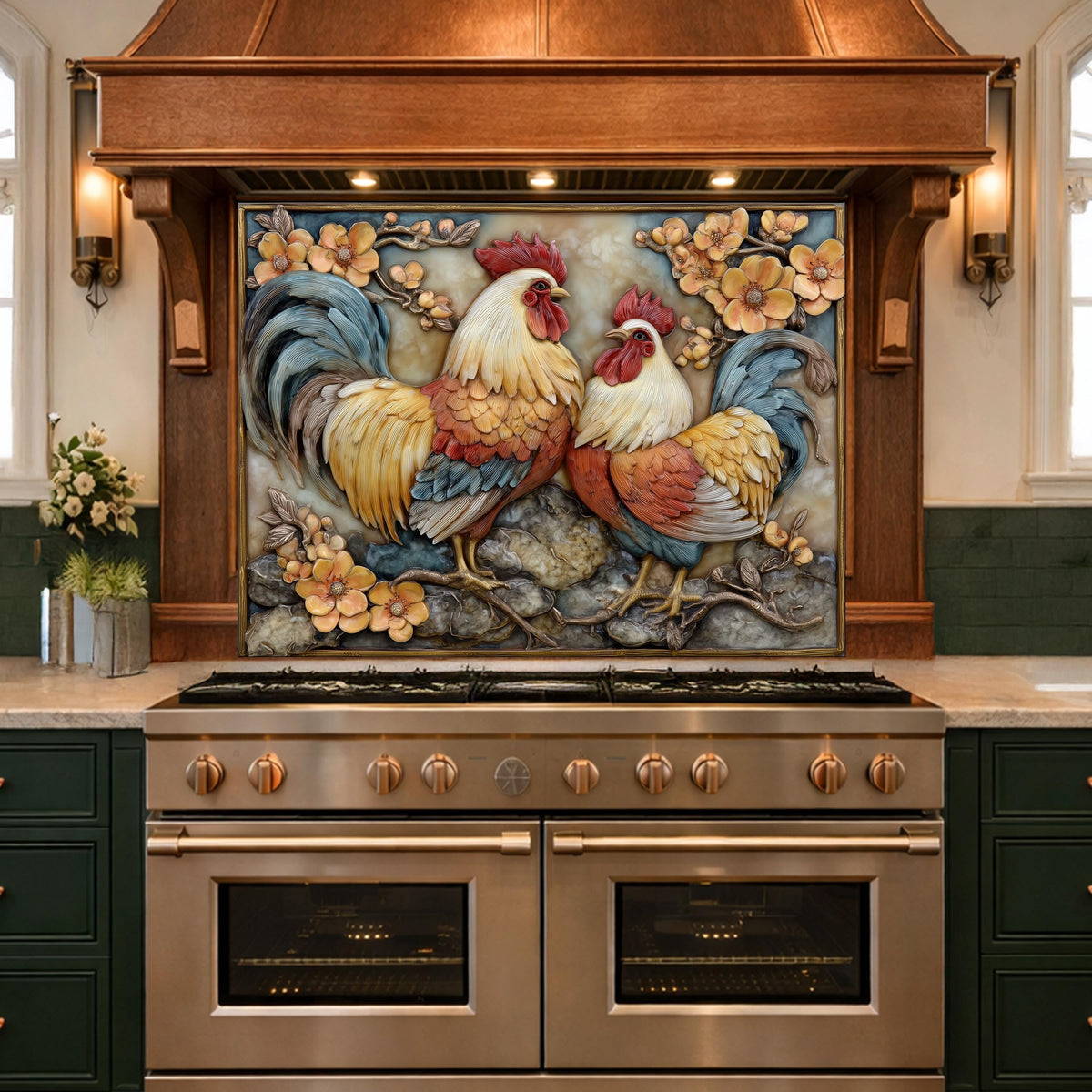 Colorful Rooster Glass Backsplash, Farmhouse Kitchen Decor UV Printed Panel