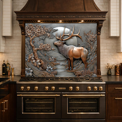 3D Deer Relief Glass Backsplash, Metallic Floral Nature Kitchen Wall Panel