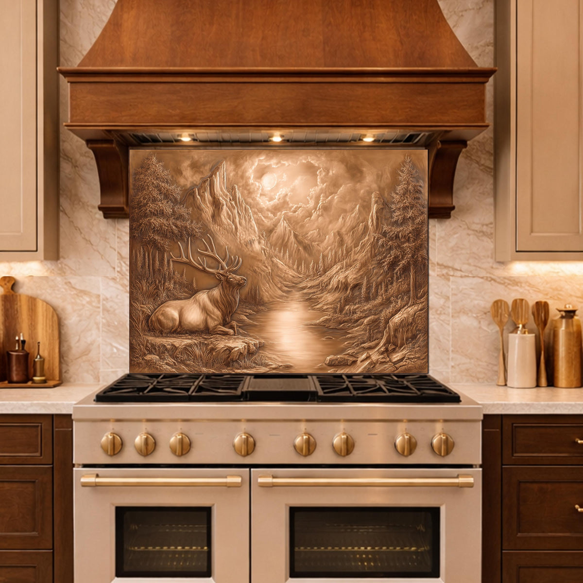 3D Deer Mountain Glass Backsplash, Bronze Nature Landscape Kitchen Panel