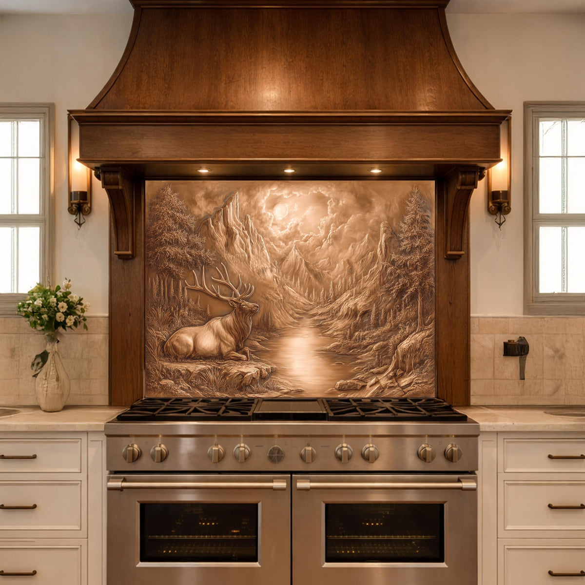 3D Deer Mountain Glass Backsplash, Bronze Nature Landscape Kitchen Panel