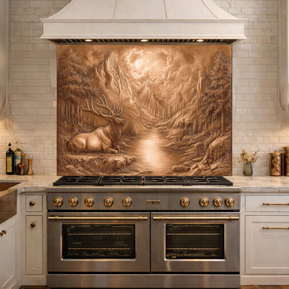 3D Deer Mountain Glass Backsplash, Bronze Nature Landscape Kitchen Panel
