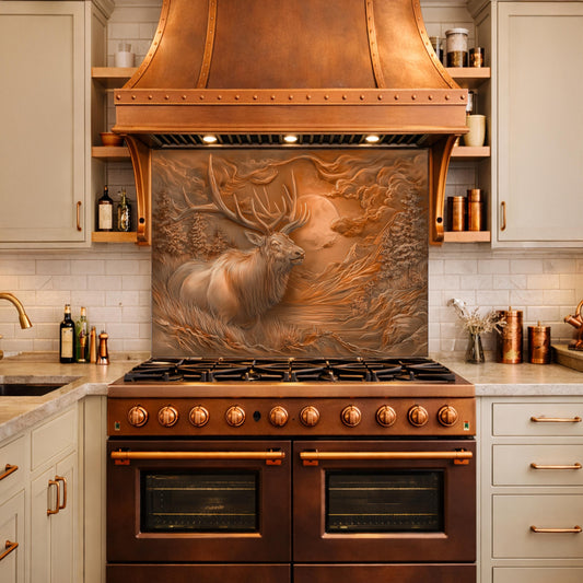 3D Deer Head Glass Backsplash, Bronze Mountain Moon Kitchen Wall Panel