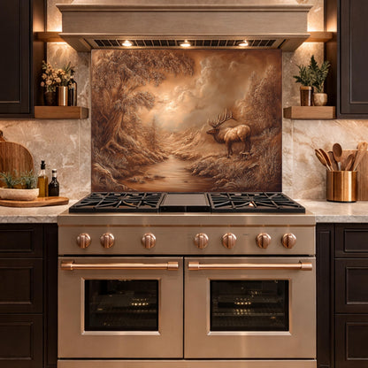 3D Deer Forest Glass Backsplash, Bronze Nature Landscape Kitchen Panel