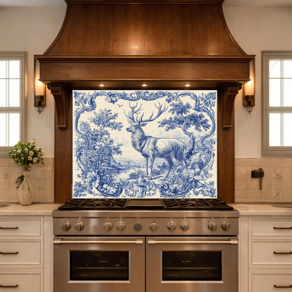 Blue White Deer Glass Backsplash, Vintage Ornate Tile Kitchen Wall Panel