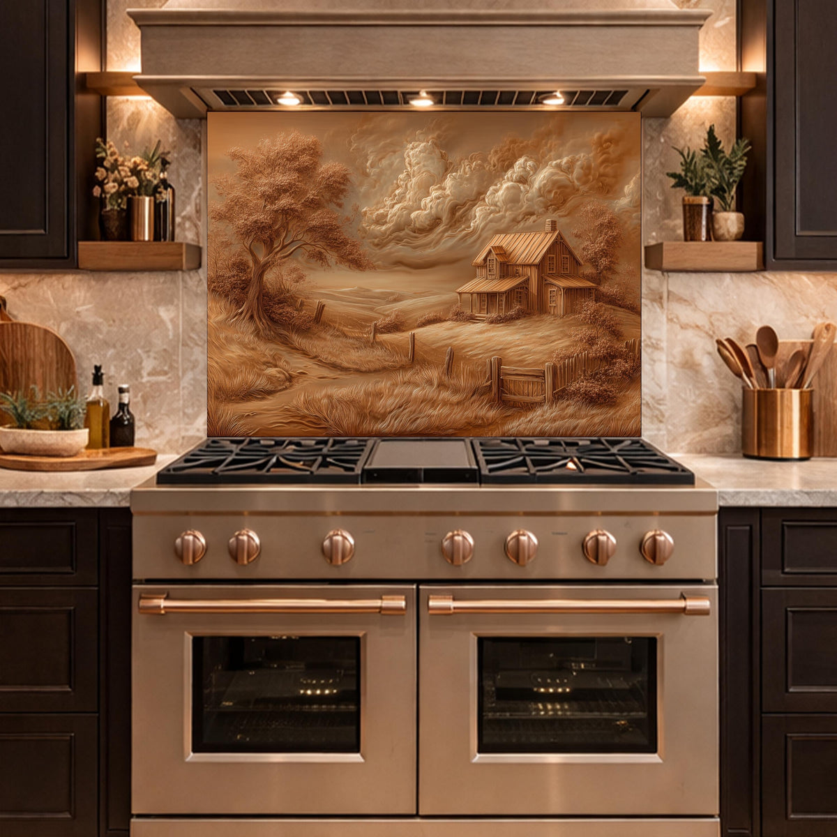 Rustic Farmhouse Landscape Glass Backsplash, Sepia Country Kitchen Wall Panel