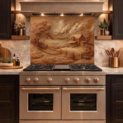 Rustic Farmhouse Landscape Glass Backsplash, Sepia Country Kitchen Wall Panel