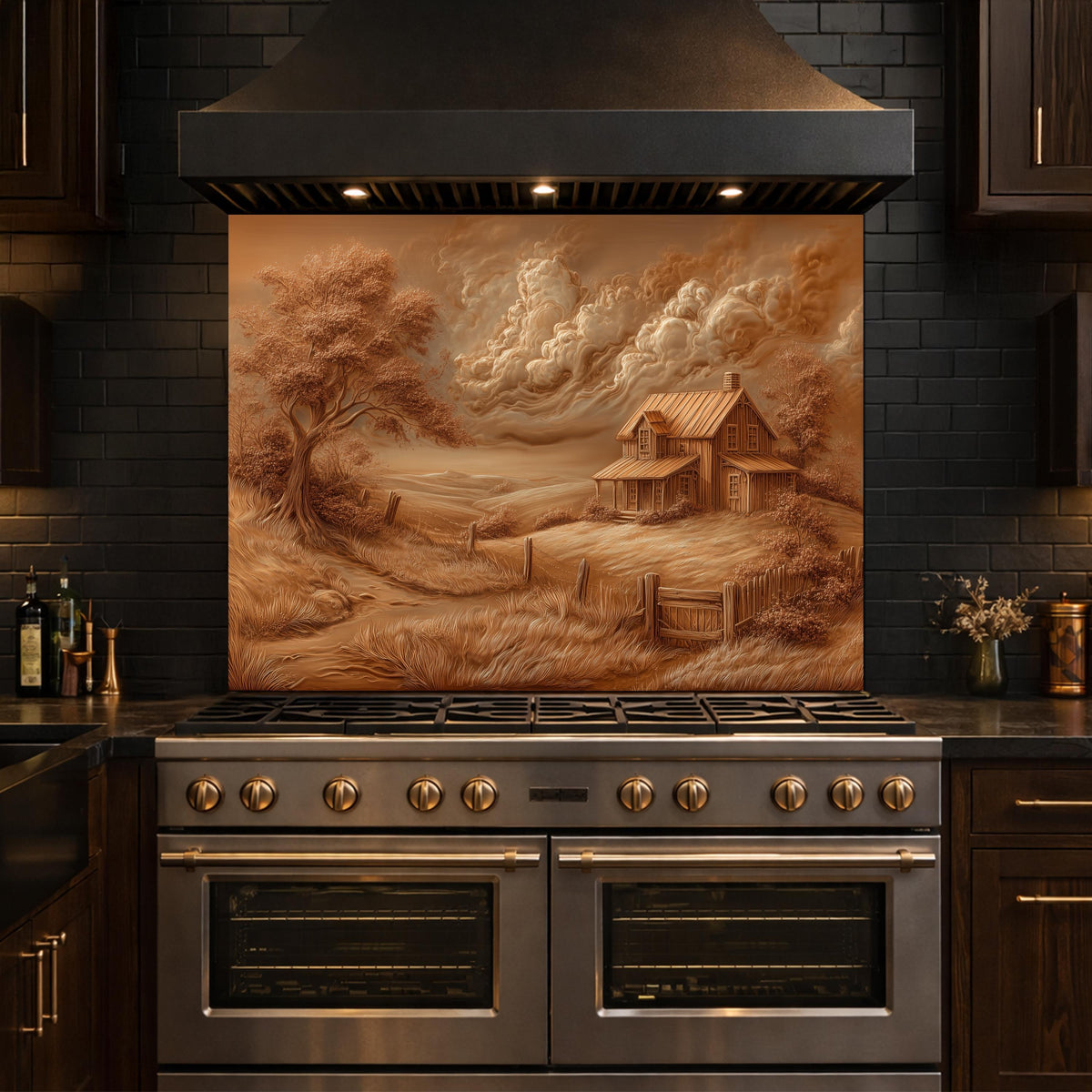 Rustic Farmhouse Landscape Glass Backsplash, Sepia Country Kitchen Wall Panel
