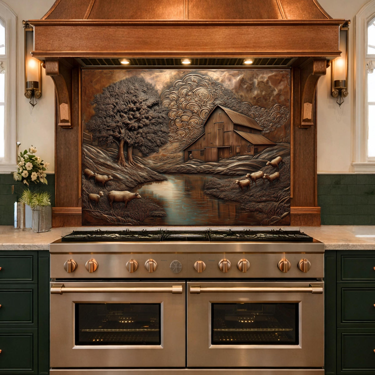 Rustic Barn Sheep Landscape Glass Backsplash, Sepia Farmhouse Kitchen Panel
