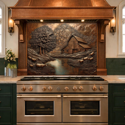 Rustic Barn Sheep Landscape Glass Backsplash, Sepia Farmhouse Kitchen Panel