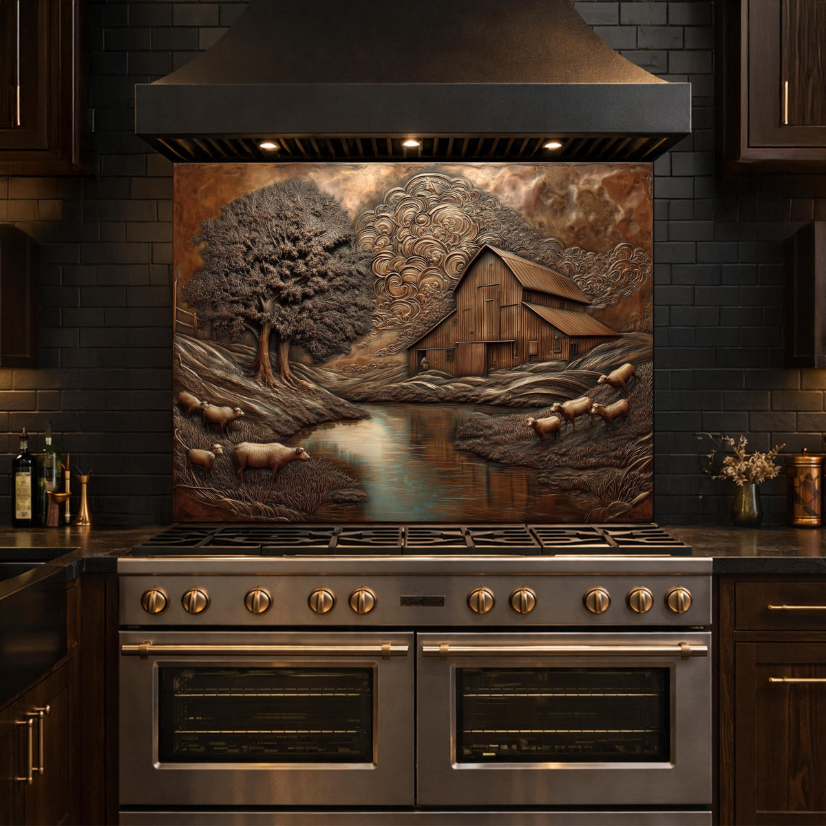 Rustic Barn Sheep Landscape Glass Backsplash, Sepia Farmhouse Kitchen Panel