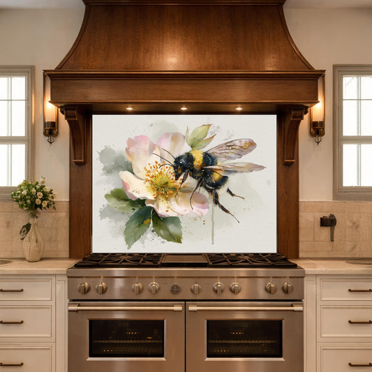Bumblebee Kitchen Backsplash - Floral Watercolor Glass Panel, Stove Splashback, Artistic Nature Decor