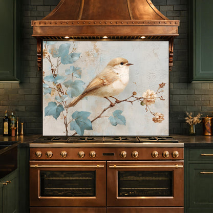 Sparrow Kitchen Backsplash, Textured Oil Painting Glass Panel, Stove Splashback, Nature Inspired Decor