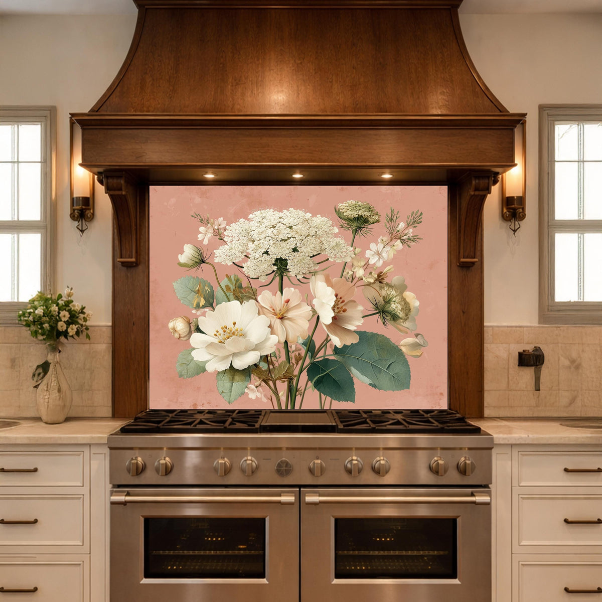 Neutral Floral Tempered Glass Kitchen Backsplash, Modern Wall Art Decor