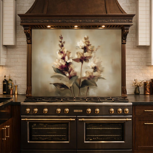 Watercolor Flower Glass Backsplash, Kitchen Wall Panel, Tempered Glass Art, Modern Nature Decor