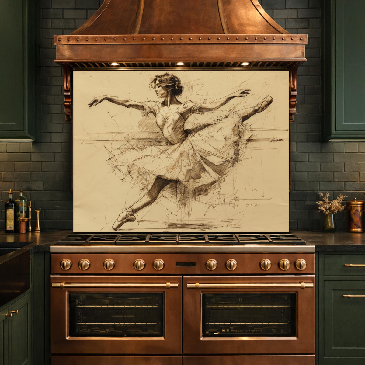 Ballerina Dance Sketch Tempered Glass Kitchen Backsplash, Modern Ballet Art Panel