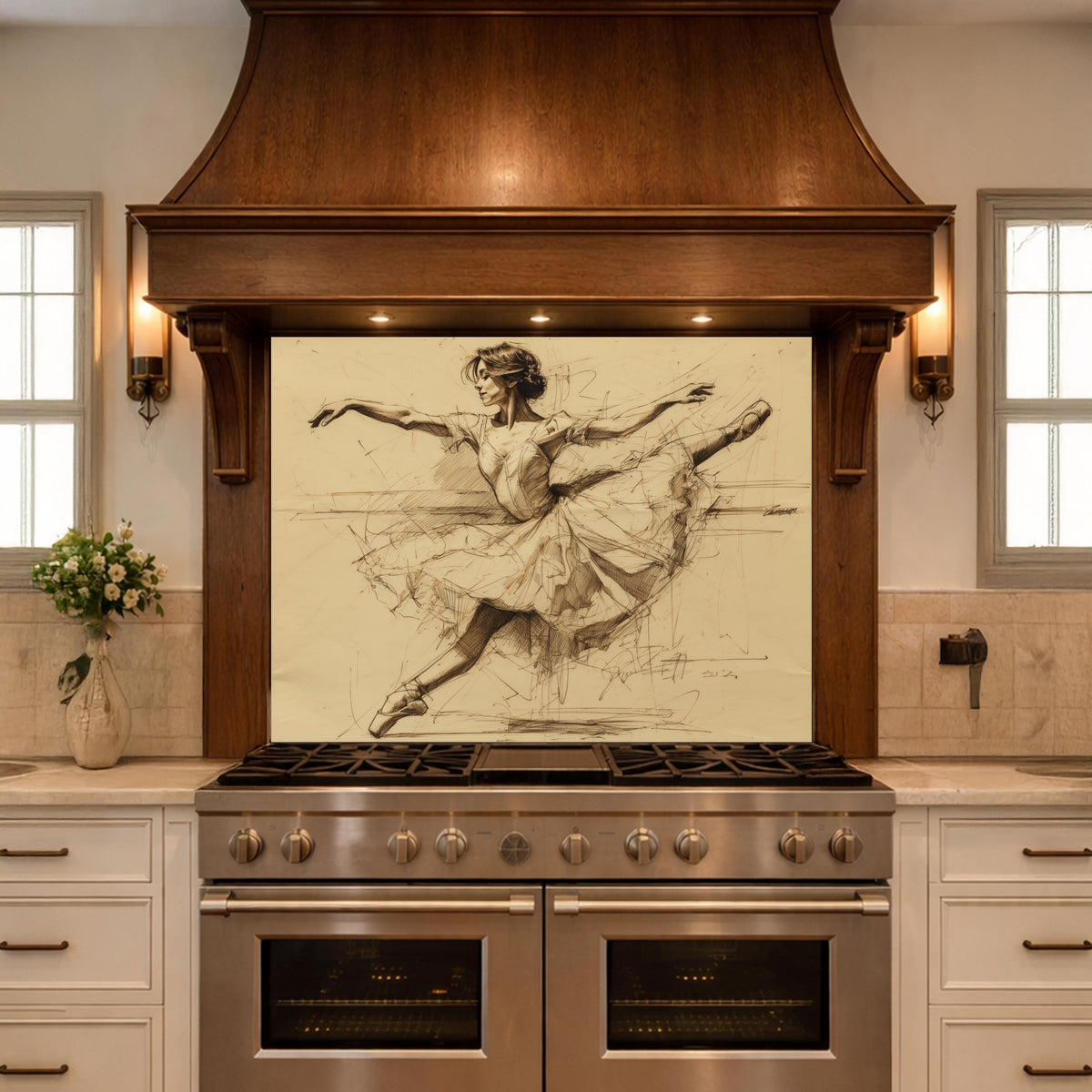 Ballerina Dance Sketch Tempered Glass Kitchen Backsplash, Modern Ballet Art Panel