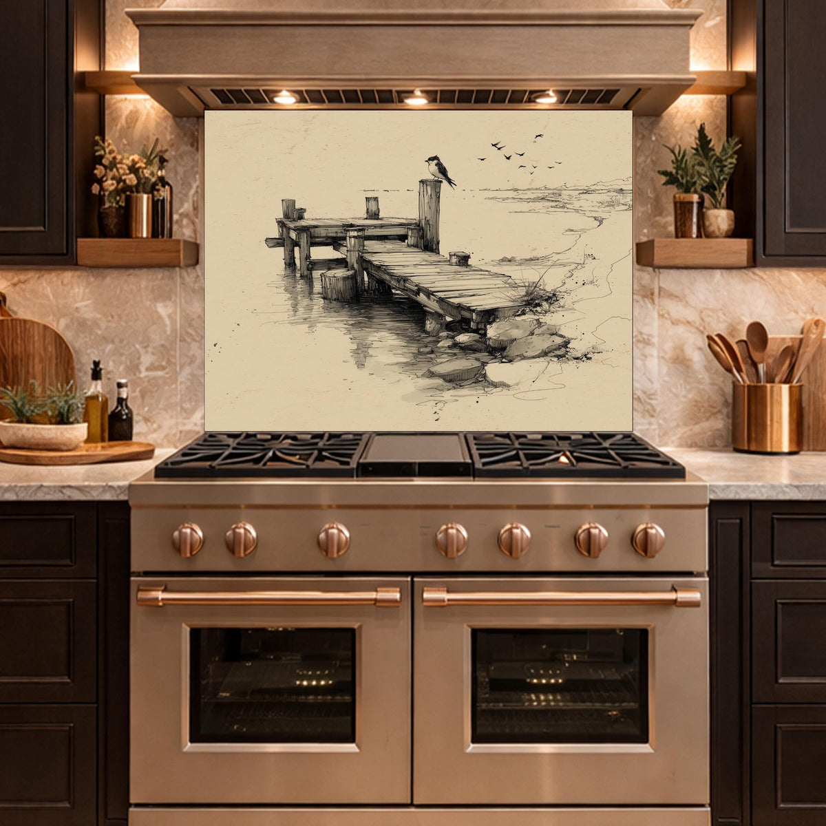 Serene Bird Pier Glass Backsplash, Tempered Glass Wall Art, Coastal Sketch Decor