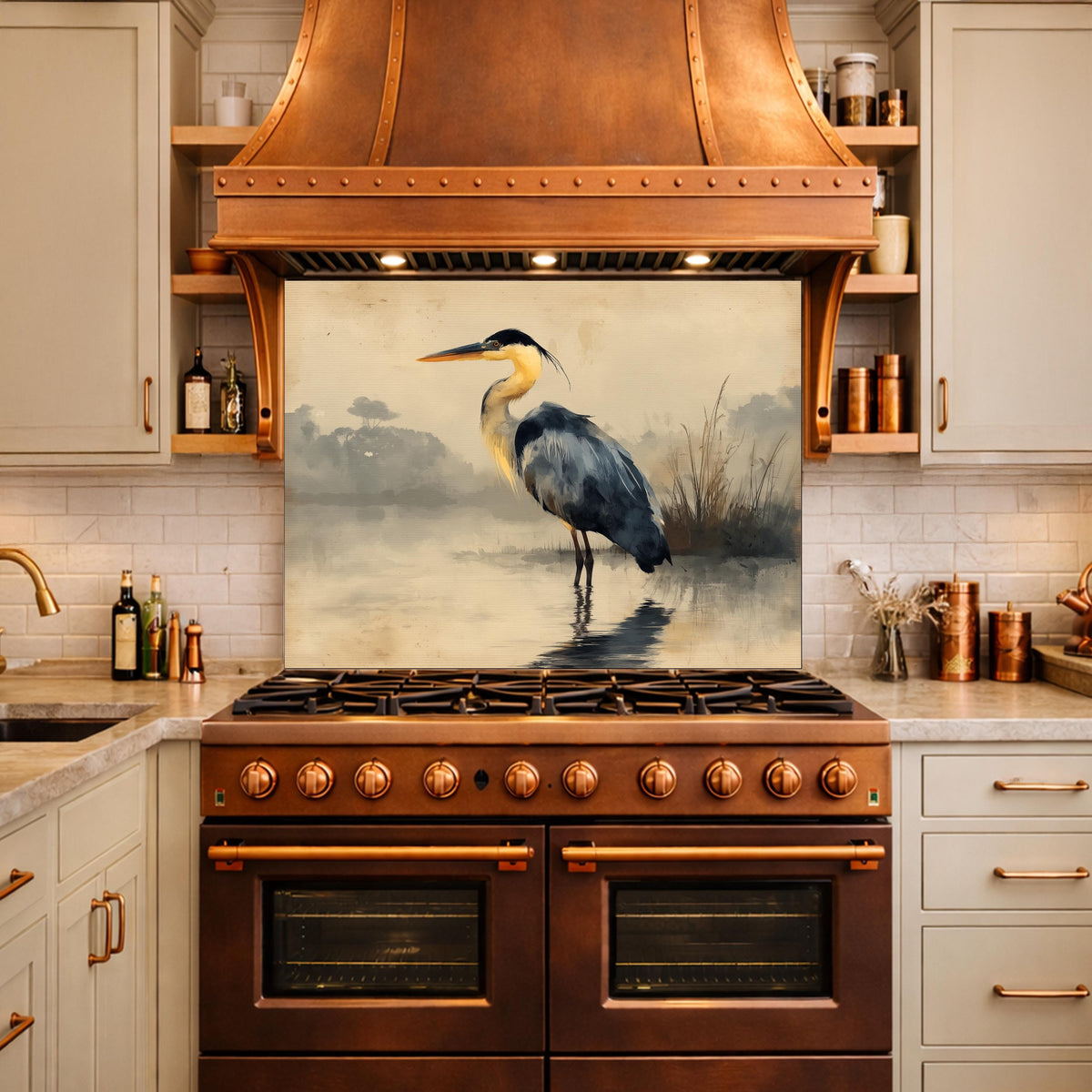 Serene Heron Kitchen Backsplash, Tempered Glass Wall Art, Coastal Nature Decor