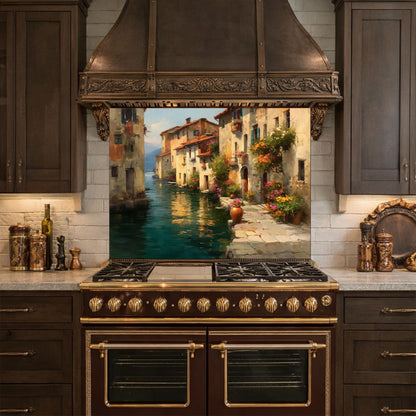 Italian Canal Village Painting, Tempered Glass Backsplash, Rustic Mediterranean Kitchen Decor