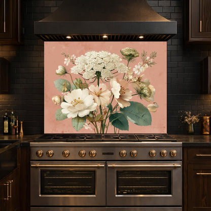 Neutral Floral Tempered Glass Kitchen Backsplash, Modern Wall Art Decor