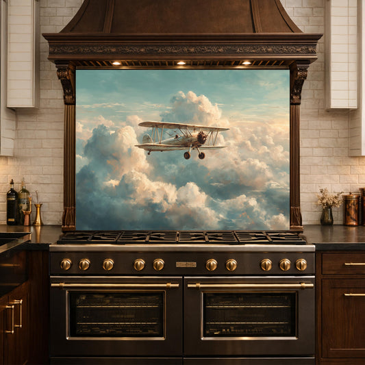 Vintage Biplane Watercolor Glass Backsplash, Kitchen Wall Art Panel