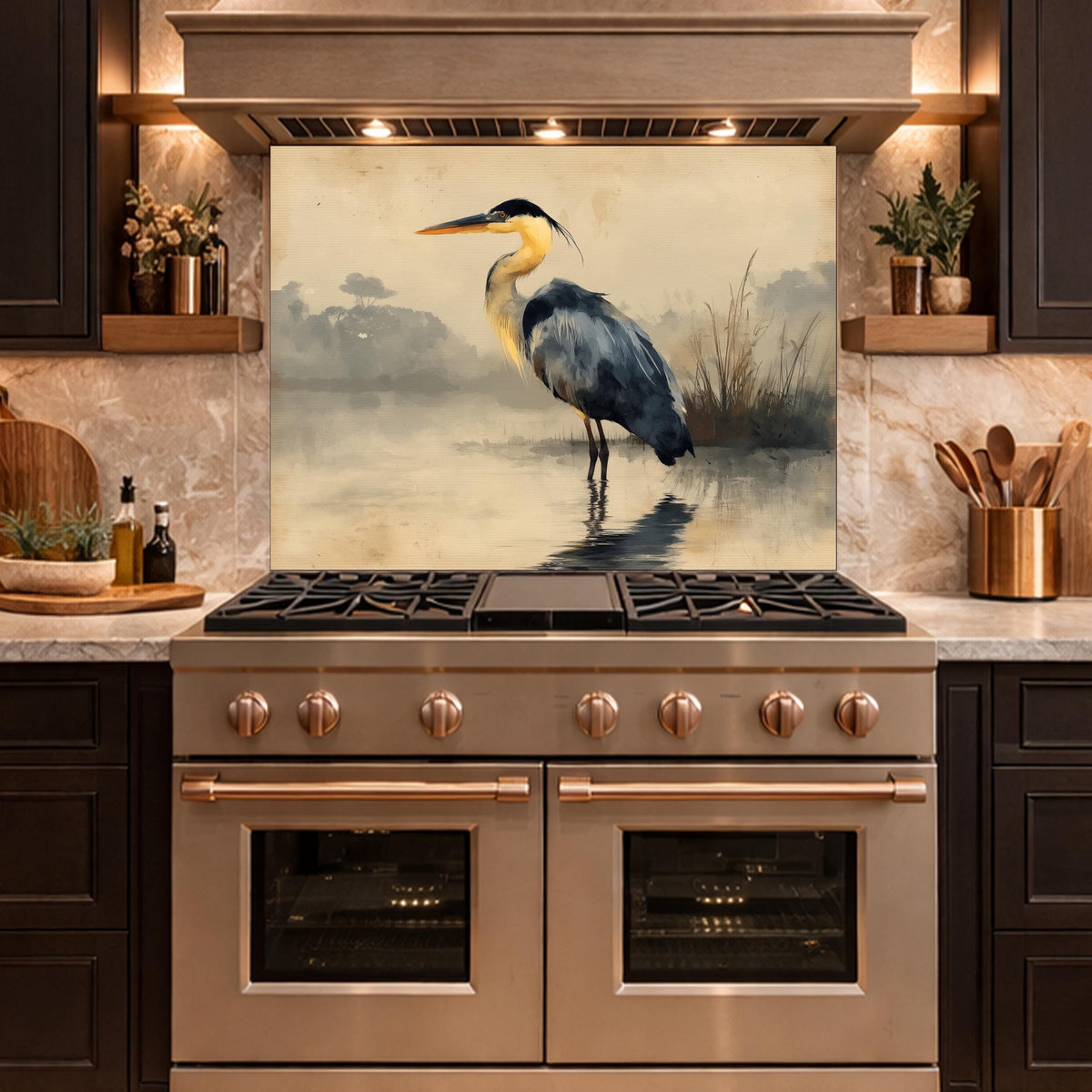 Serene Heron Kitchen Backsplash, Tempered Glass Wall Art, Coastal Nature Decor