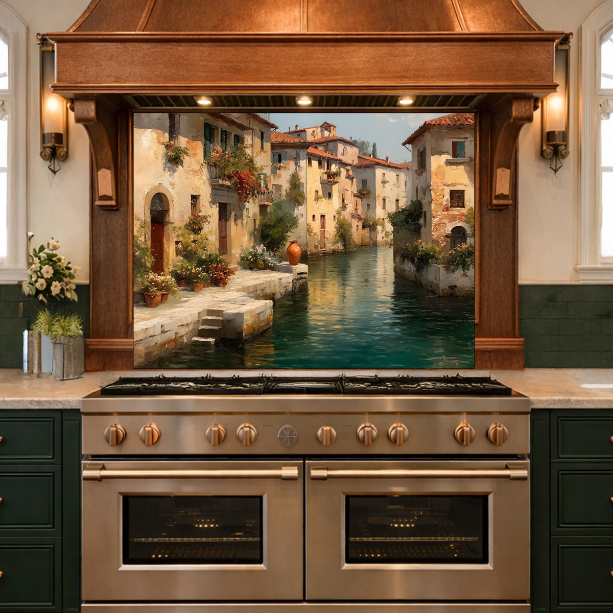 Rustic European Village Kitchen Backsplash, Tempered Glass Wall Art, Scenic Landscape Decor