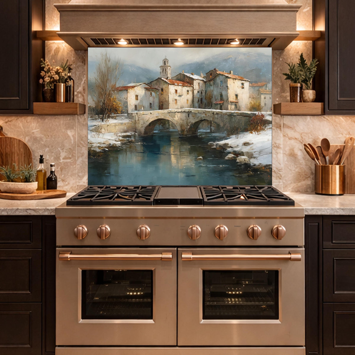 Mediterranean Village Canal Glass Backsplash, Tempered Kitchen Wall Art, European Street Decor