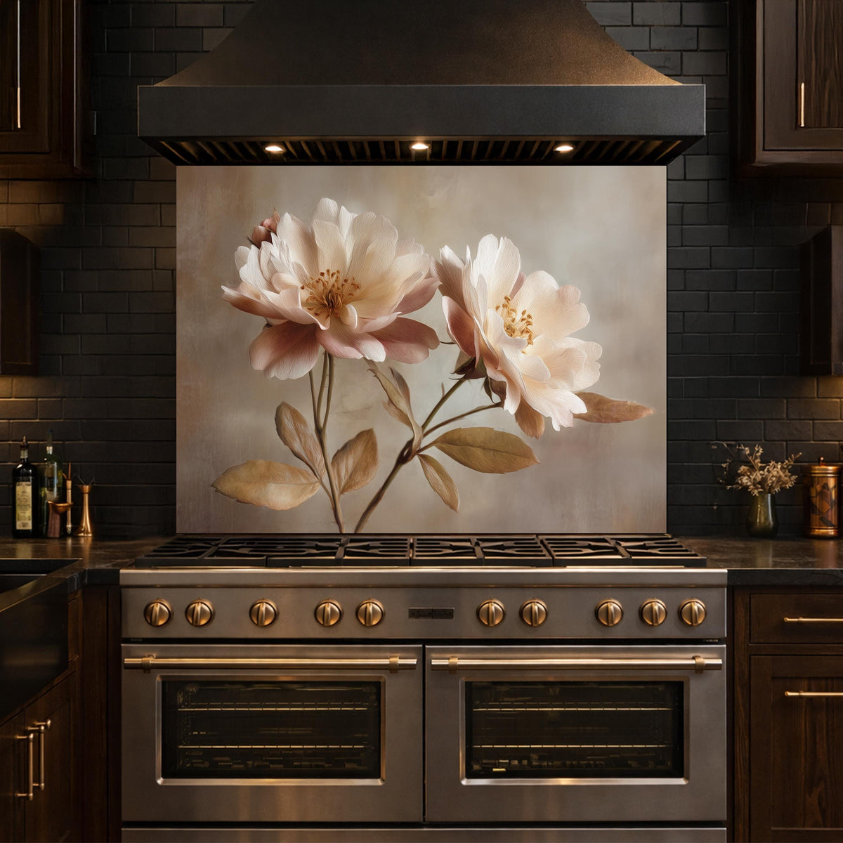 Neutral Peony Glass Kitchen Backsplash – Farmhouse Botanical Wall Art