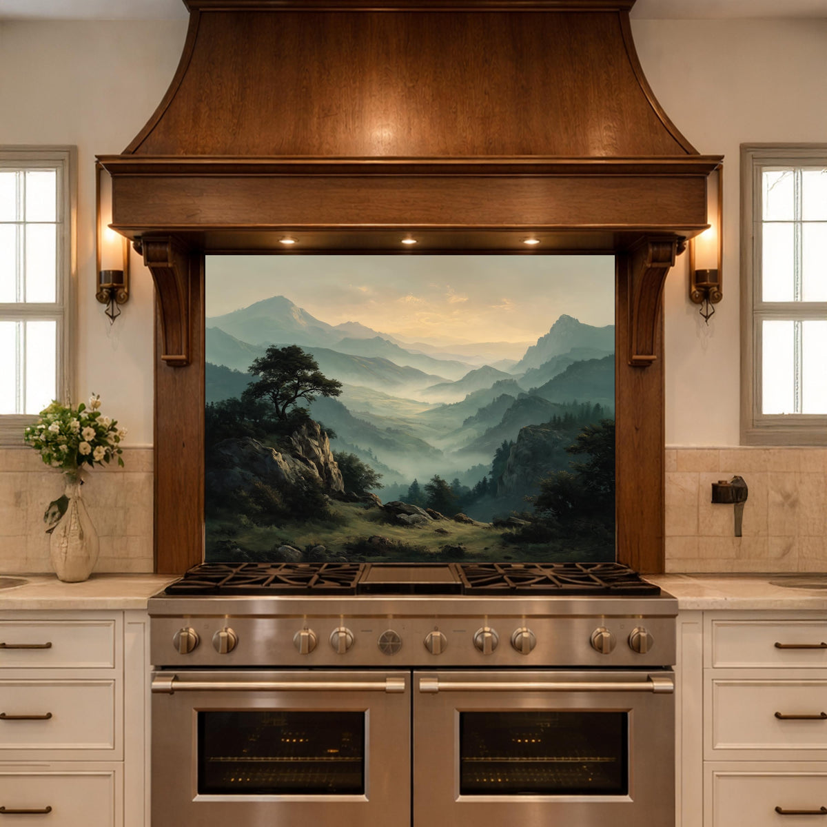 Misty Mountain Landscape Glass Kitchen Backsplash – Scenic Stove Wall Decor