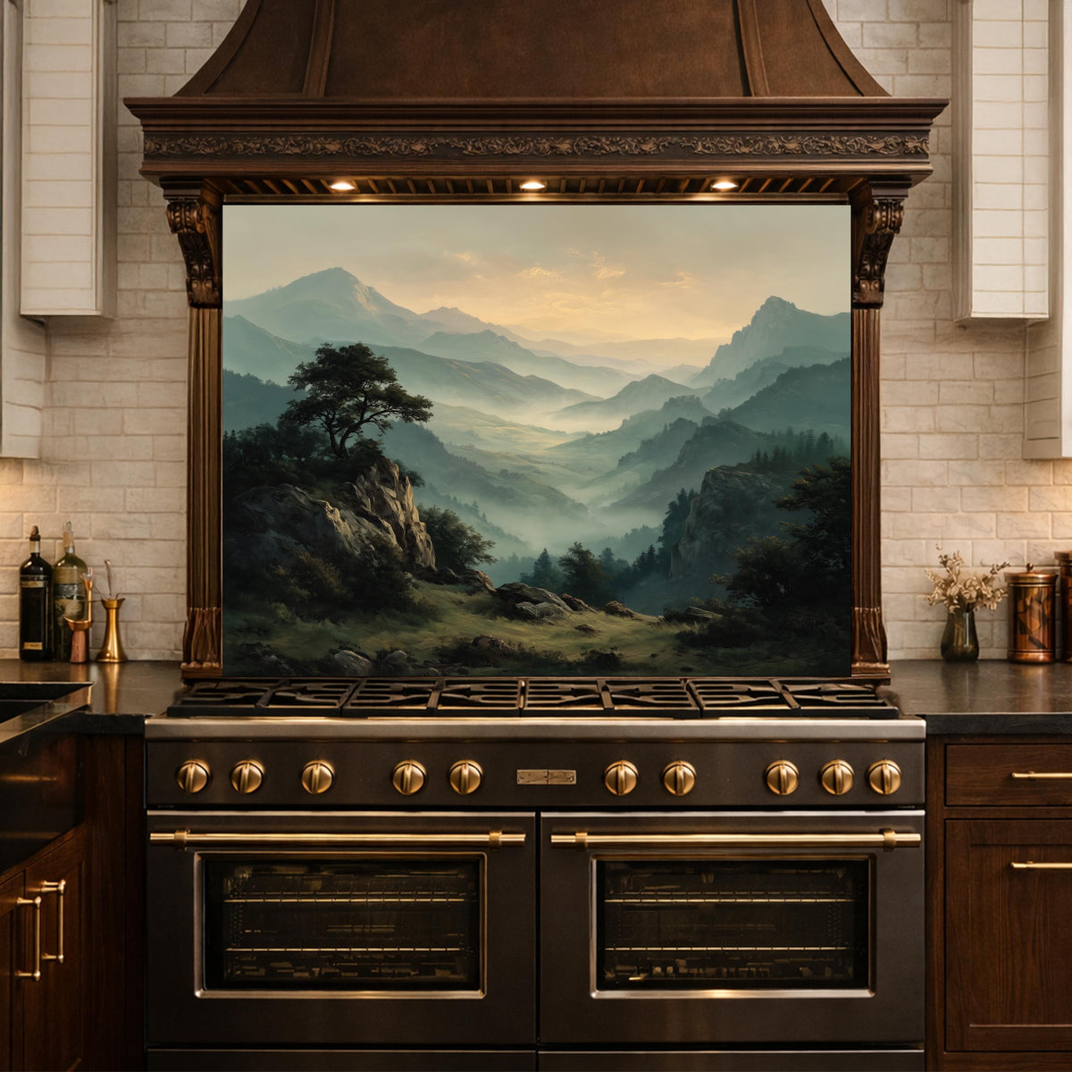 Misty Mountain Landscape Glass Kitchen Backsplash – Scenic Stove Wall Decor