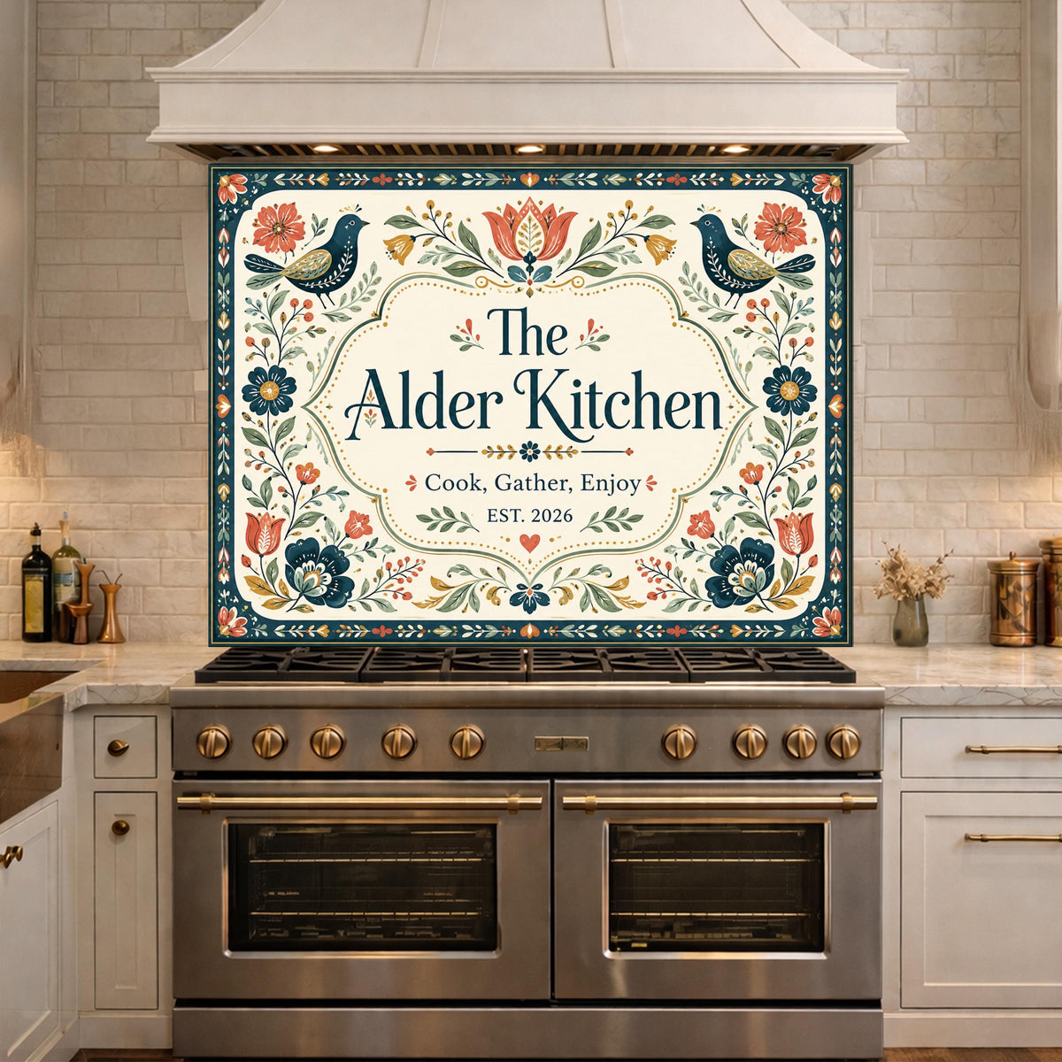 Personalized Mediterranean Tile Backsplash, Custom Family Kitchen Sign, Italian Ceramic Style Tempered Glass Backsplash