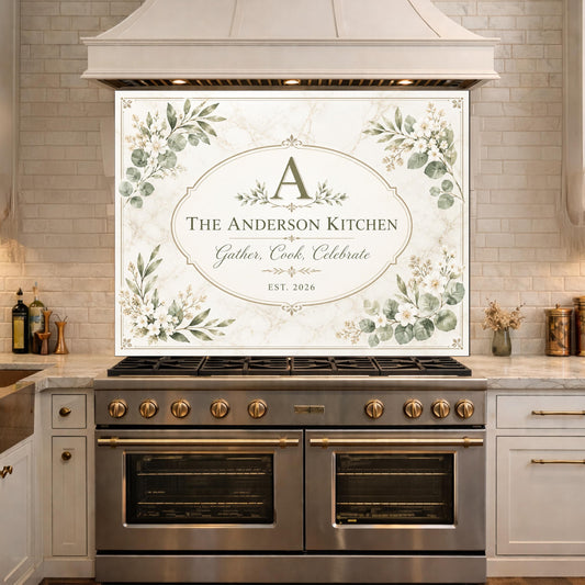 Personalized Botanical Kitchen Backsplash, Custom Family Name Glass Panel, Olive Branch Marble Style Kitchen Sign