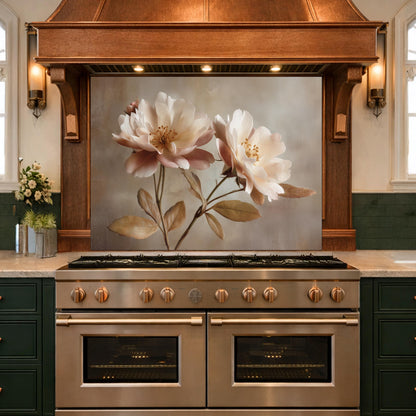 Neutral Peony Glass Kitchen Backsplash – Farmhouse Botanical Wall Art
