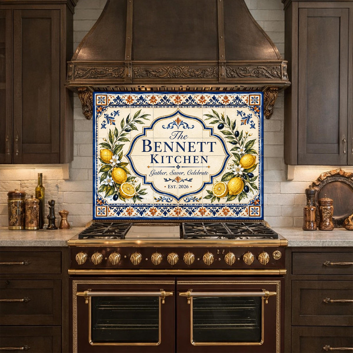 Personalized Mediterranean Tile Backsplash, Custom Family Kitchen Sign, Italian Ceramic Style Tempered Glass Backsplash
