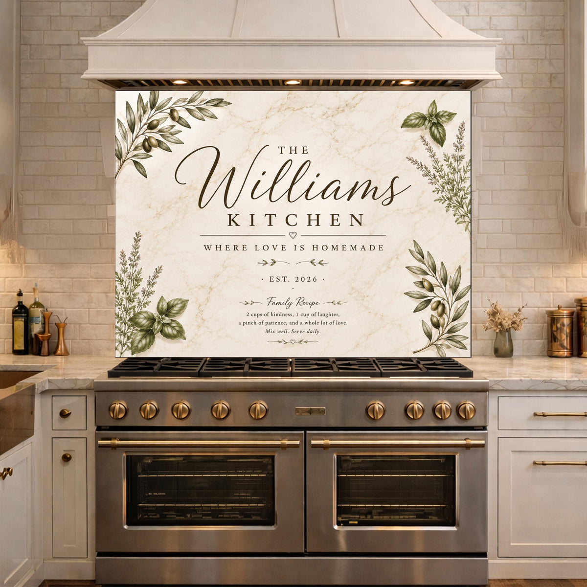 Personalized Botanical Kitchen Backsplash, Custom Family Name Glass Panel, Olive Branch Marble Style Kitchen Sign