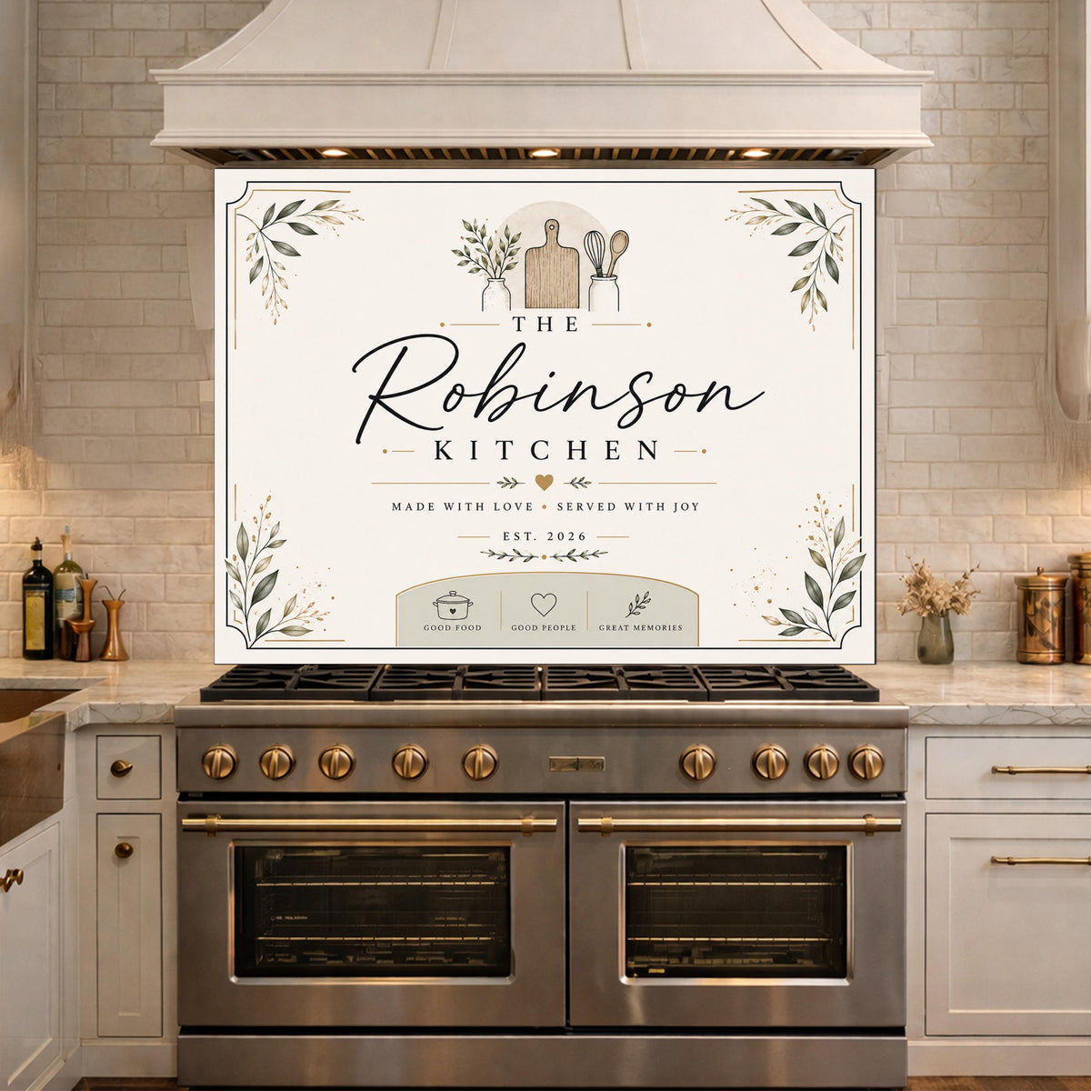 Personalized Farmhouse Kitchen Backsplash, Custom Family Name Glass Panel, Olive Branch Kitchen Sign Decor